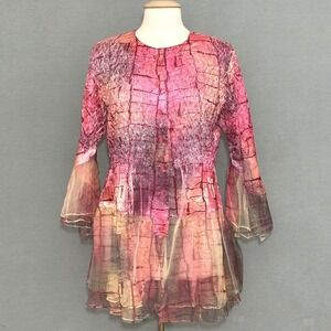 Jerry T Womens Top L Pink Crinkle Abstract Smocked Tunic Artsy Fairy Ethereal